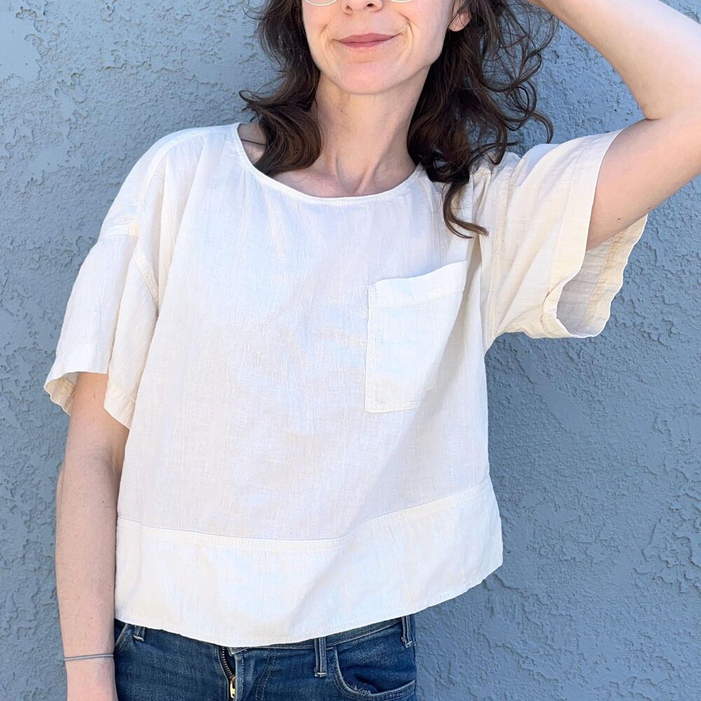 90s Cotton Top in Small Boxy Lagenlook Blouse  Minimalist
